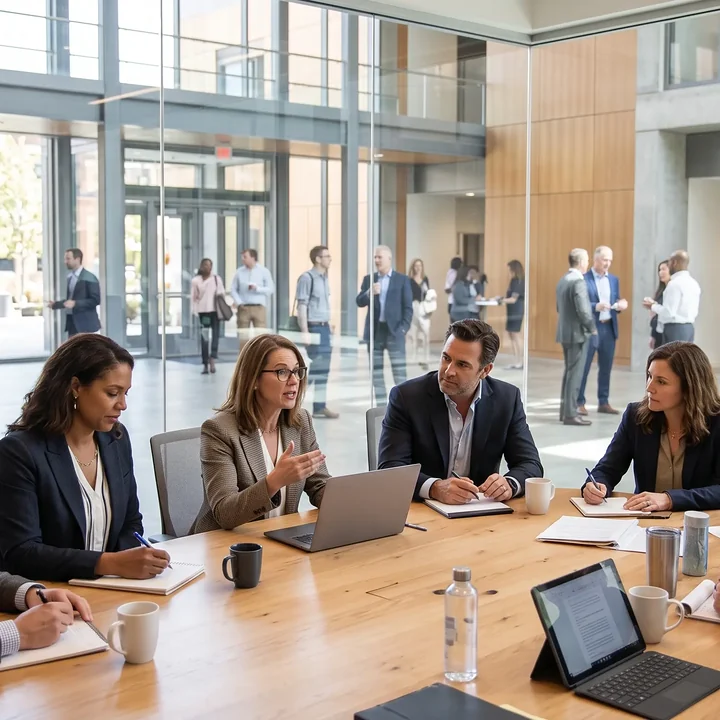 Professionals in a meeting around a wooden table, with a woman leading the discussion, in a bright glass-walled campus building