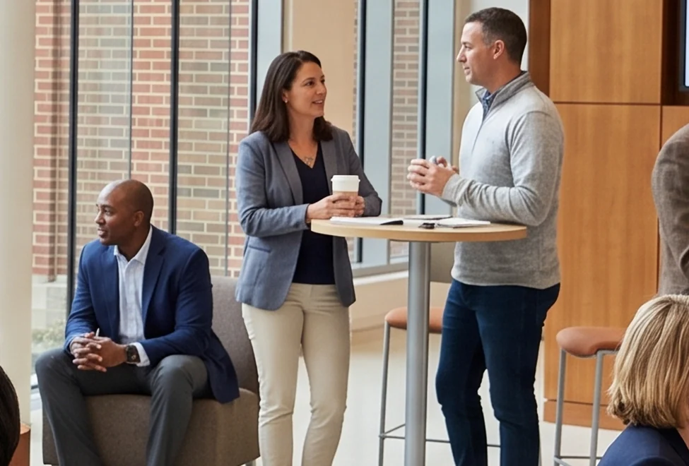 Two professionals in a friendly discussion over coffee