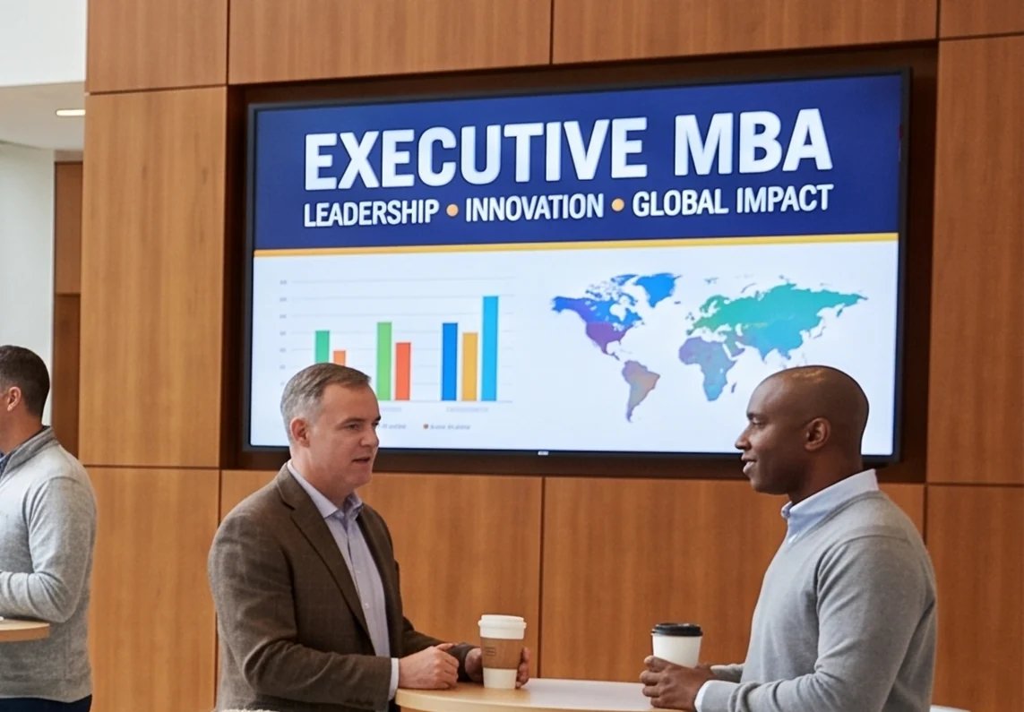 Executive MBA participants in discussion beside a leadership, innovation and global impact display