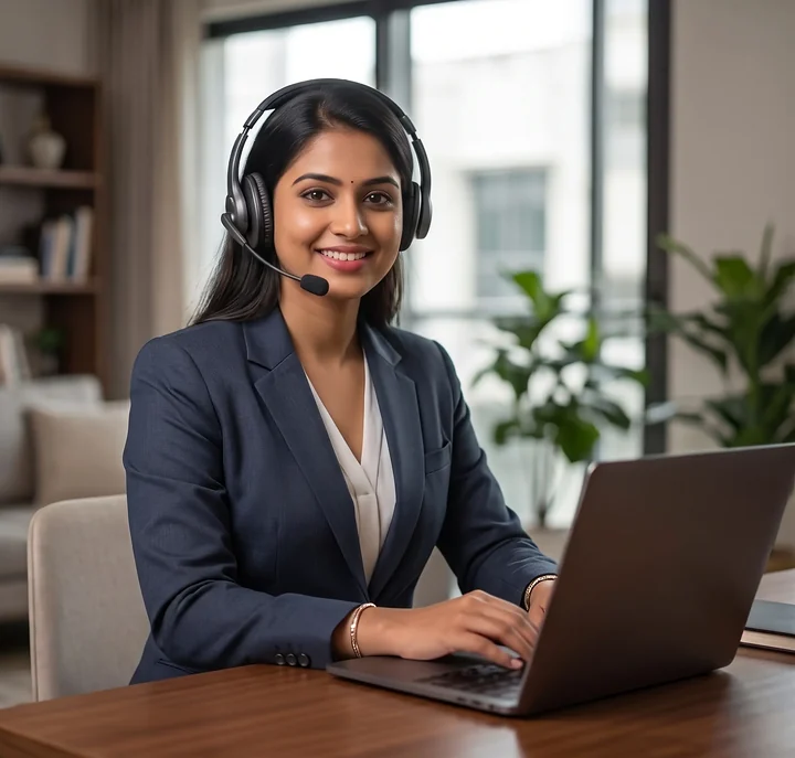 A smiling admissions advisor in a navy blazer wearing a headset, working at a laptop